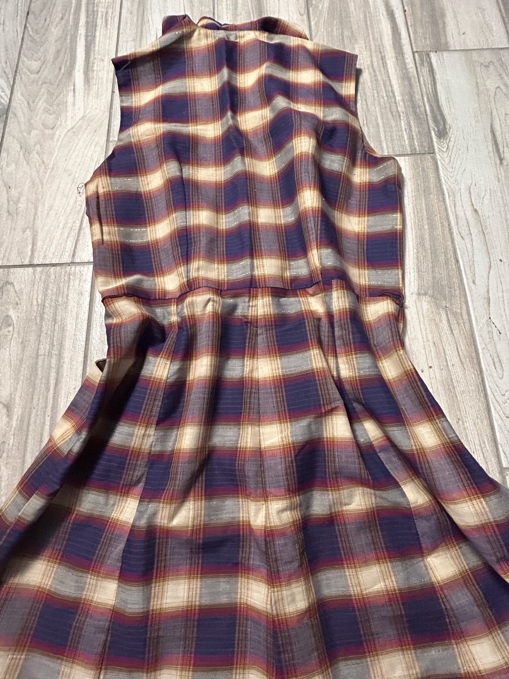 Vintage 60’s Sleeveless Plaid Button-Front Dress Navy Brown Retro Plaid Timeless - Picture 6 of 10